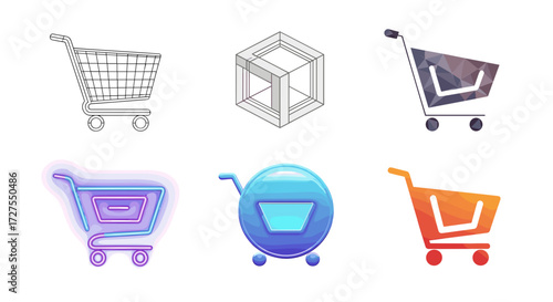 Collection of six shopping cart icons in various styles design
