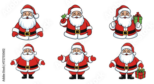 Six santa claus figures in red suits with white beards pose