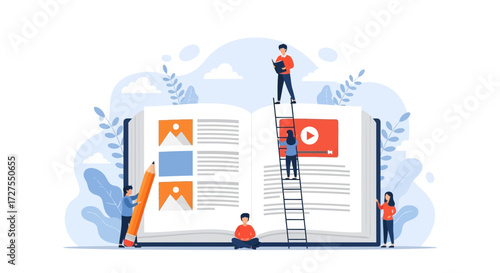 Tiny people climb ladders to access content within a giant open book, symbolizing online education and digital learning