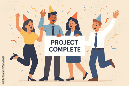 Excited diverse team members celebrating successful project completion with confetti and party hats