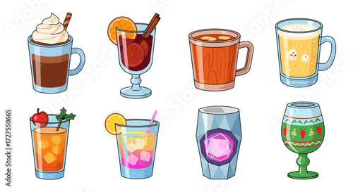 Illustration of eight different colorful cartoon drinks set