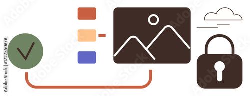 Checkmark, image gallery, cloud, lock, and organizational tools connected by orange line. Ideal for data security, cloud storage, file sharing, privacy control digital organization secure access