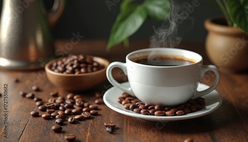 Freshly brewed hot black coffee steams in a white cup beside roasted coffee beans on a wooden table. A small bowl and vintage pot complete this rustic morning scene.