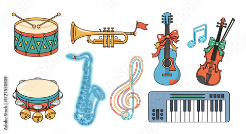 Cartoon style musical instruments including drums and guitar