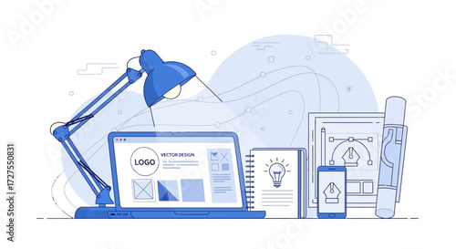 A creative workspace featuring a laptop displaying logo design, a notebook with a lightbulb, a smartphone, and a blueprint, all illuminated by a desk lamp
