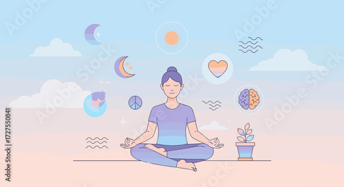 Woman meditating with symbols floating around her in pastel sky