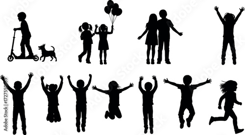 Children silhouettes playing, jumping, running, celebrating with balloons and pets – joyful kids in motion for childhood, happiness, and activity themes