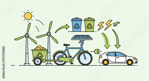 Illustration of renewable energy sources and eco friendly life