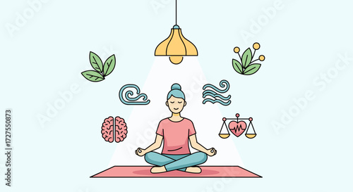 Woman meditating with elements and symbols around her head