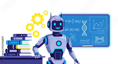Robot standing next to books and a board with equations drawn