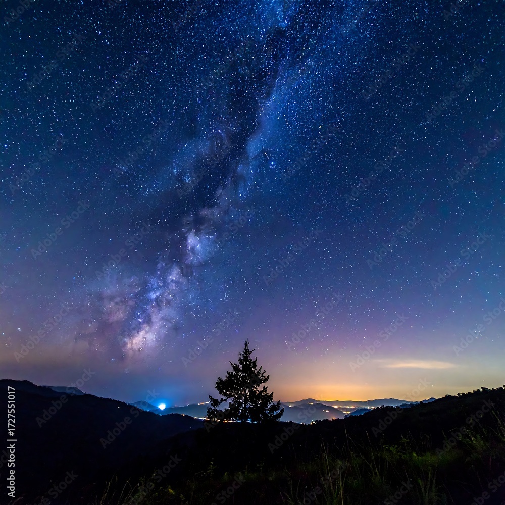 Naklejka premium Night sky panorama with Milky Way over mountains