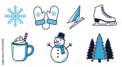 Collection of winter themed illustrations in blue and black