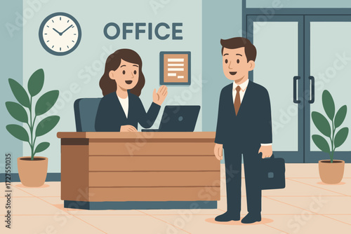 Businesswoman at reception desk talking to businessman holding briefcase in modern office