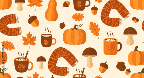 Seamless pattern with autumn elements pumpkins and hot drinks