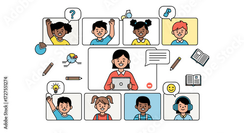 Online class with students and teacher on video conference call
