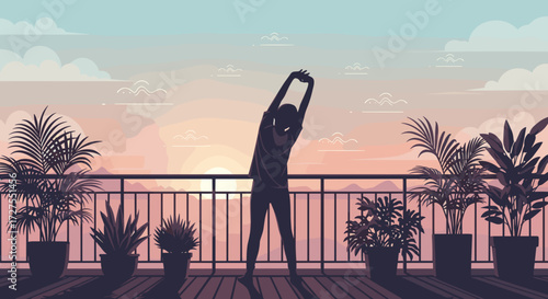 Silhouette stretching on balcony with potted plants at sunset