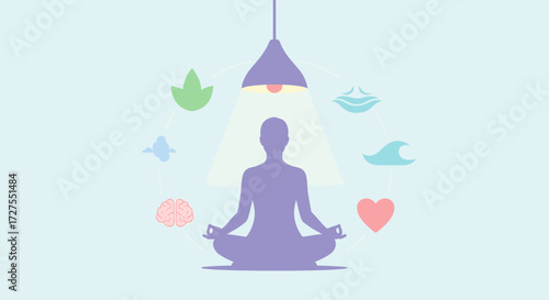 Silhouette meditating under lamp with symbolic elements around