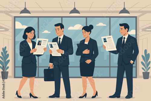 Diverse group of professionals in business attire reviewing resumes in a modern office setting