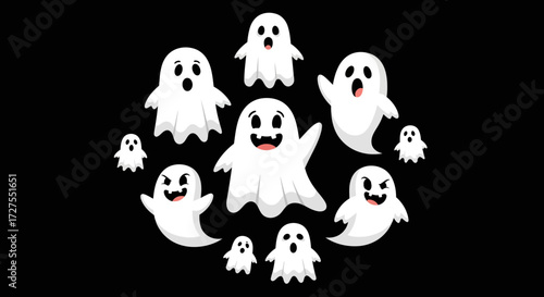 A playful circle of cute, white cartoon ghosts with various expressions on a black background, evoking a fun and spooky halloween atmosphere