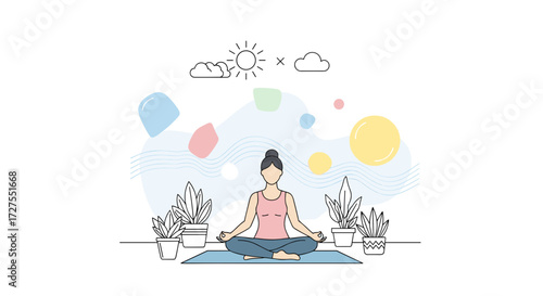 Woman meditating in lotus position with plants and sun clouds