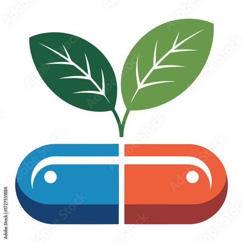 Vector illustration of a natural medicine capsule with leaves sprouting from it, representing herbal remedies and holistic health