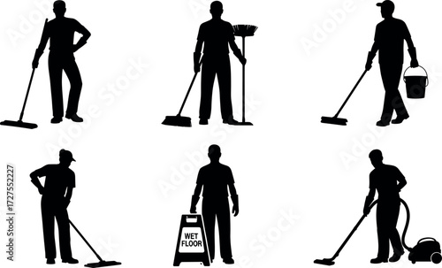 Cleaning staff silhouettes with mop, broom, vacuum, bucket, wet floor sign, janitor tools, hygiene maintenance, sanitation workers vector set