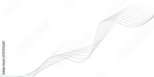 Wave pattern of fine lines gracefully flows across a bright white background. Design for banner, wallpaper, background and many more. Abstract frequency sound wave lines and twisted curve lines