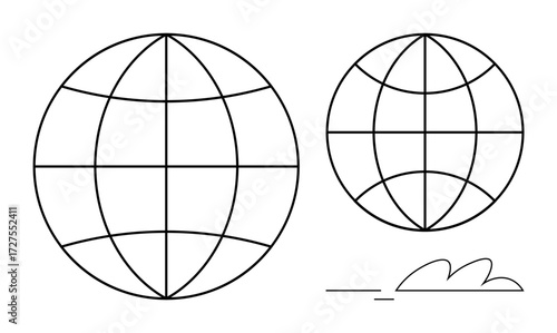 Two grid-patterned globes, one larger, paired with minimal design lines and curves. Ideal for global connectivity, communication, technology, networking, geography, innovation simple flat metaphor