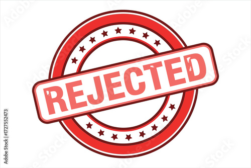 Vector art of a red rejected stamp, featuring a bold, sansserif font and a circular design with stars, indicating disapproval and denial in a clear and concise manner