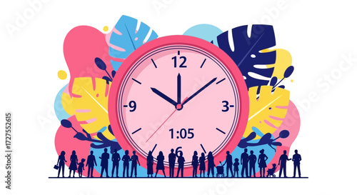 A large pink clock showing 105 stands prominently in front of a colorful array of tropical leaves and plants, with a diverse crowd of silhouetted people gathered below
