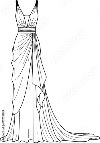 Elegant evening gown vector illustration with pleated bodice, flowing layered skirt, fashion design template for formal dress and apparel branding