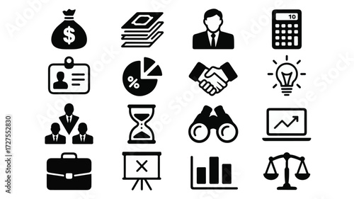 Business icons money bag stacks man calculator id card pie chart handshake lightbulb team hourglass binoculars laptop graph presentation board bar chart scales