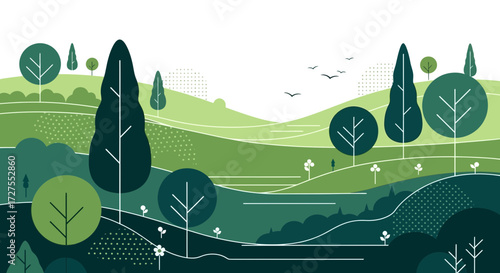 A stylized illustration depicts rolling green hills and stylized trees under a bright sky with birds flying