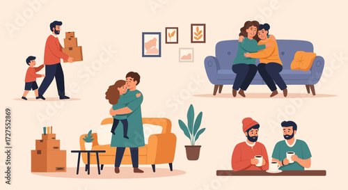 A heartwarming illustration depicting various domestic scenes, including a father and son moving boxes, a parent hugging a child, a couple embracing on a couch, and two men enjoying coffee together