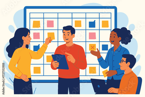 Diverse team collaborating on a project using a kanban board for task management and planning