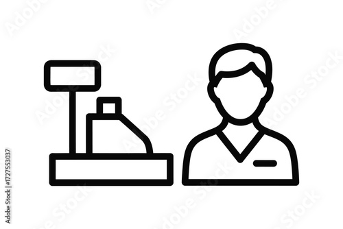 Vector art of cashier icon this line art illustration represents a cashier standing next to a cash register, commonly found in retail stores
