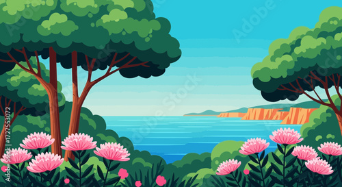 A vibrant pixel art landscape unfolds with lush green trees framing a serene blue ocean and distant cliffs under a clear sky, with delicate pink flowers blooming in the foreground