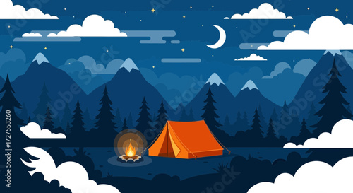 A vibrant orange tent glows warmly beside a crackling campfire under a starry night sky, with majestic mountains and fluffy clouds creating a serene camping scene