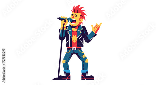 Punk Rock Singer with Mohawk Performing Live on Stage, Vector Illustration Style, Music Industry, Rock Music, Concert, Energetic Performance, Modern Design