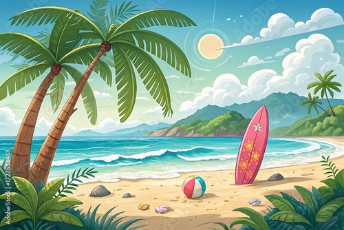 Fototapeta Naklejka Na Ścianę i Meble -  Vibrant tropical beach scene with palm trees surfboard and beach ball under a sunny sky