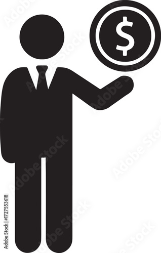 Banker holding coin silhouette vector for finance, investment, money, banking, and business design.