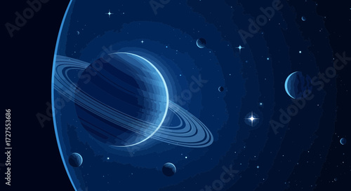 A stunning digital illustration depicts a ringed planet in deep space, surrounded by orbiting celestial bodies and distant stars, evoking a sense of cosmic wonder and exploration