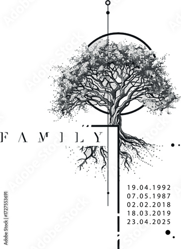 Family tree design with dates marking significant events and connections displayed creatively in black and white Generative AI