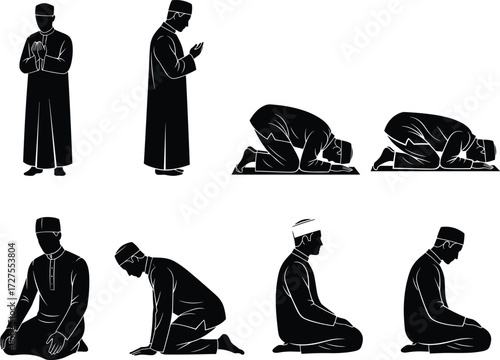 PrintIslamic prayer positions, Muslim worship illustration, Salah postures, silhouette figures, traditional attire, bowing, prostration, standing, sitting, spiritual ritual, daily prayer sequence