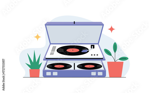 Vintage Record Player with Vinyls and Potted Plants Illustration: A stylish graphic of a turntable set with records and plants for creative projects.