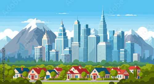 A vibrant cityscape unfolds with towering modern skyscrapers and distant snowcapped mountains, framed by a foreground of charming residential homes and lush green trees under a clear blue sky