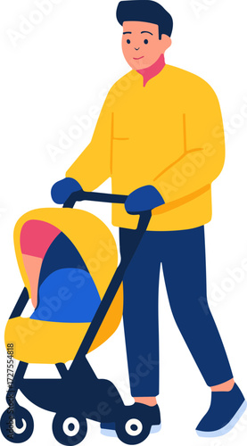 A cheerful father in a yellow jacket is walking with a baby stroller, symbolizing modern parenting and family bonding.