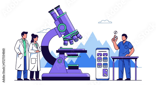 Scientists in a laboratory setting observe a large purple microscope, while another medical professional examines pills next to a smartphone displaying medical data