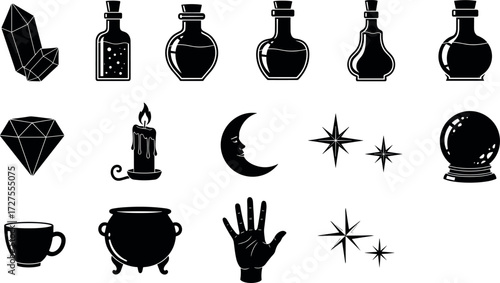 Mystical magic icons set with potion bottles, crystals, moon, stars, candle, cauldron, palmistry, teacup, fantasy vector illustration