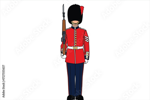 Illustration of a british guardsman in traditional red uniform and bearskin hat, standing at attention with a rifle, a symbol of british heritage